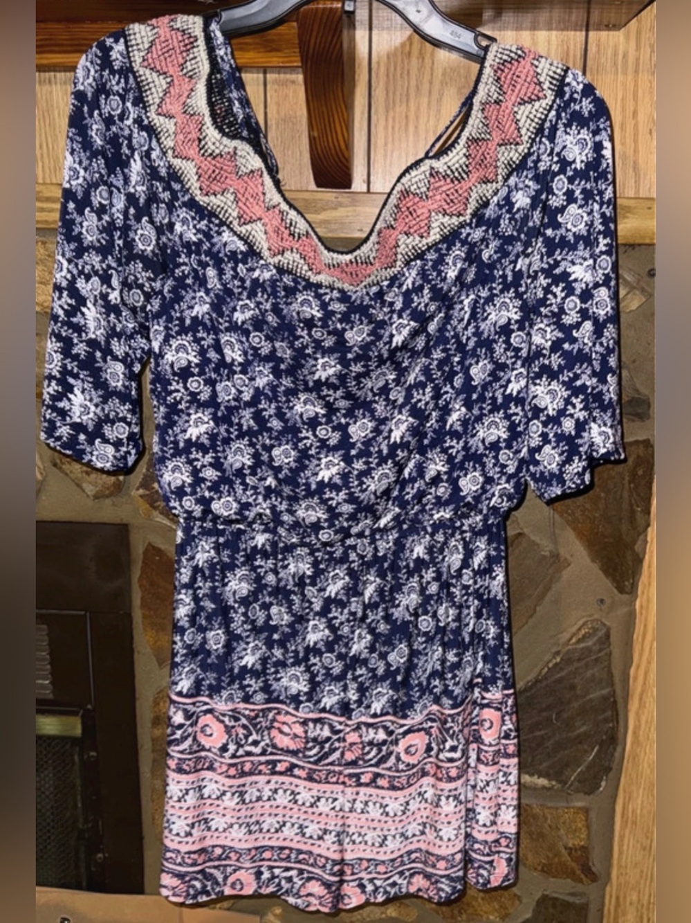 Vintage Navy & Pink Boho Floral Elbow-Sleeve Women's Shorts Romper